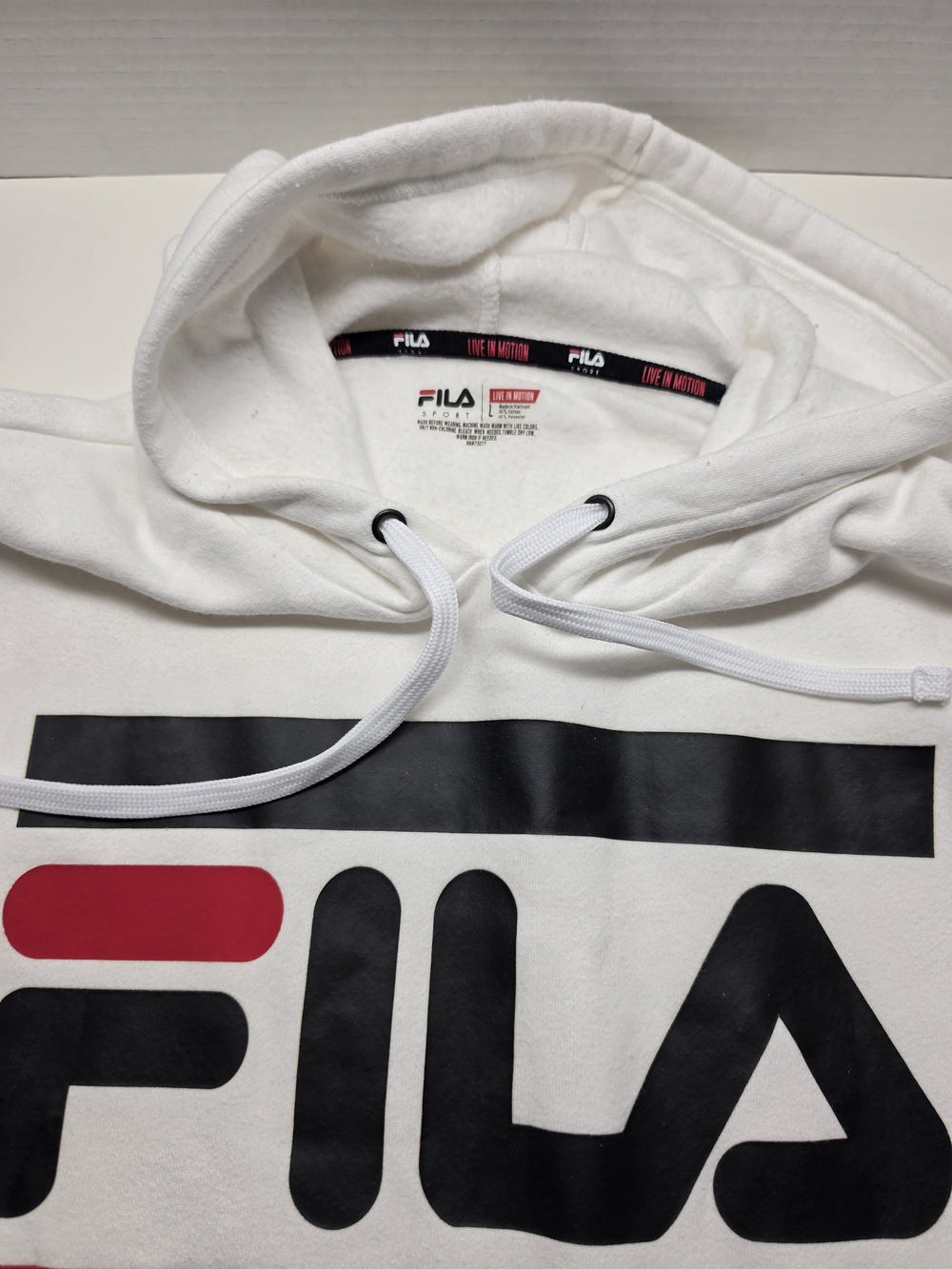 Fila White Hoodie with Black and Red Logo